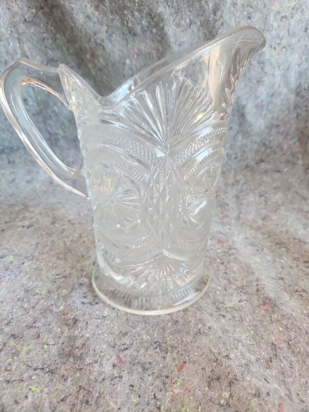 Vintage EAPG Clear Pressed Glass Pitcher with Medallion Sunburst Pattern - 8.5"
